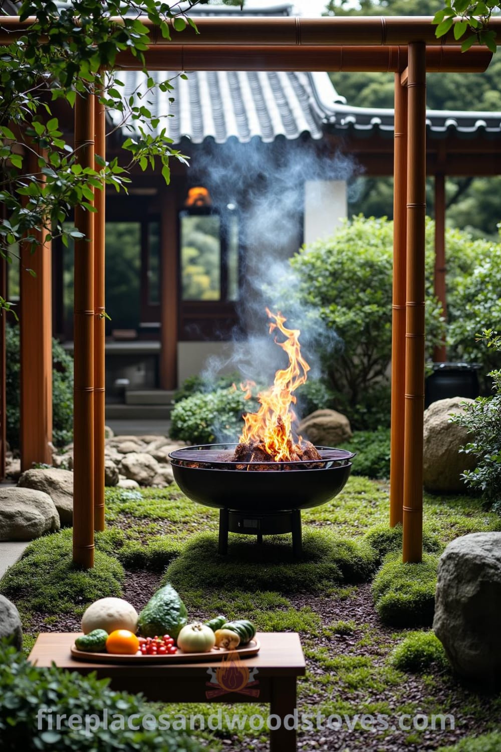 Traditional Japanese Zen outdoor barbecue surrounded by lush greenery and stones in a serene garden setting, featuring a rustic wooden grill with flickering flames, a low wooden table adorned with seasonal vegetables, and a peaceful ambiance perfect for cozy gatherings. Visit fireplacesandwoodstoves.com for inspiring decor ideas.