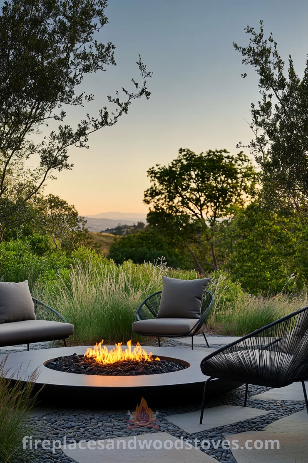Cozy fire pit retreat area on fireplacesandwoodstoves.com, featuring a beautifully designed fire pit, outdoor seating, and cozy decor ideas for backyard makeovers, perfect for gatherings and outdoor lounging.