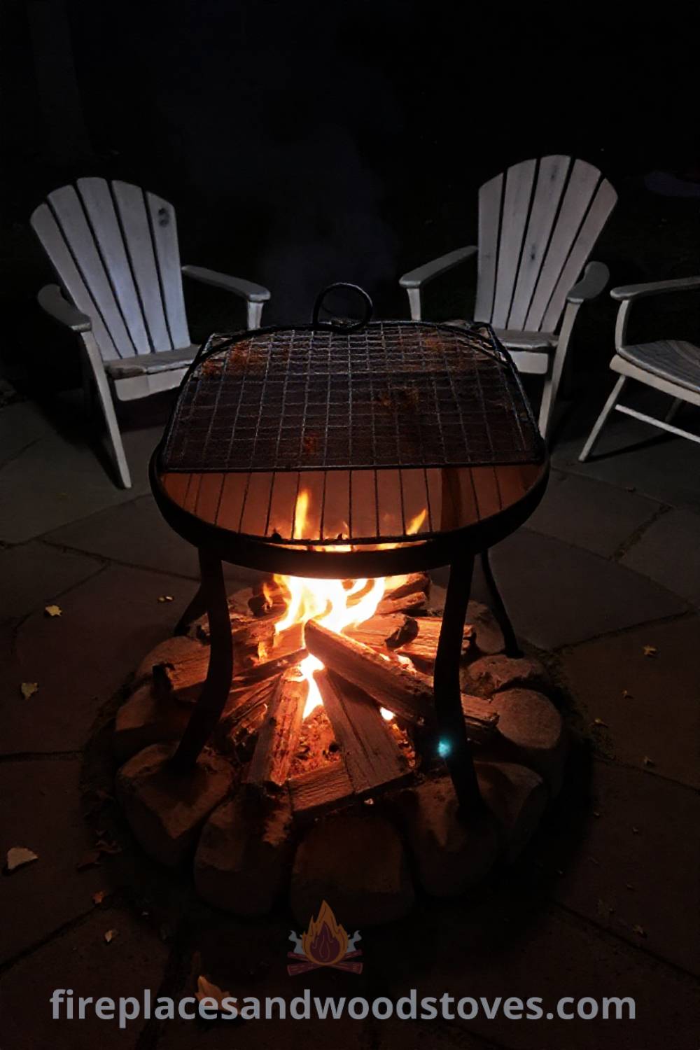 Wood-fueled metal fire pit surrounded by mismatched chairs on a stone patio, creating a cozy outdoor space ideal for gatherings, with warm light and autumn leaves, offering incredible ideas for transforming your backyard. Visit patioandhomefurniture.com for stylish outdoor inspiration.