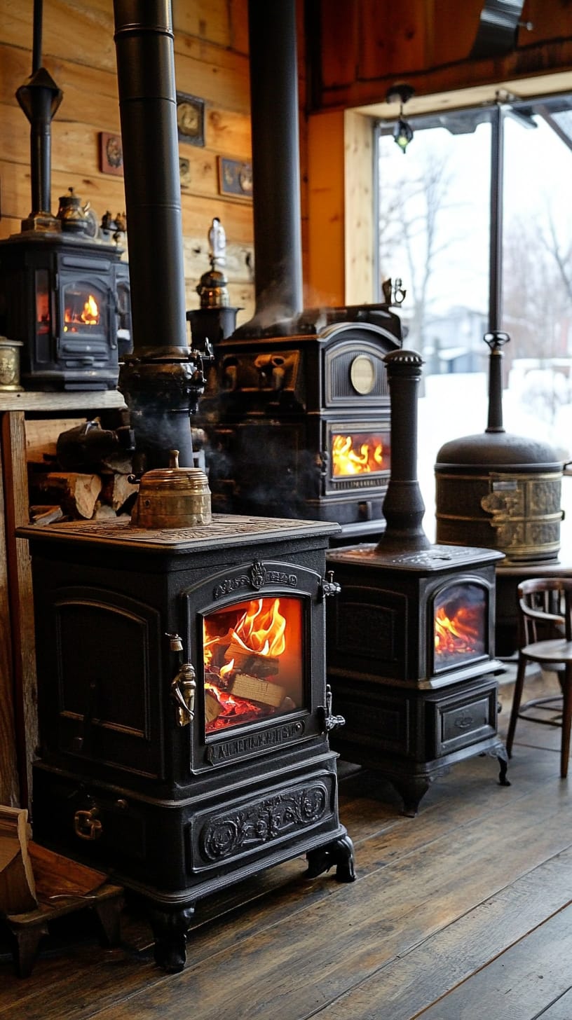 A cozy cabin interior showcasing a collection of vintage black cast-iron stoves, each with glowing flames, surrounded by rustic wooden walls and windows revealing a snowy landscape outside.
