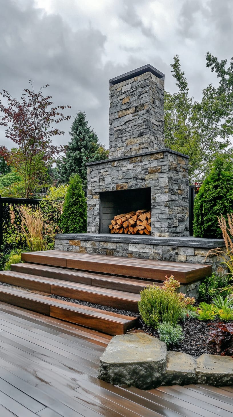 A stone outdoor fireplace surrounded by green plants and a grey wooden deck, with firewood nearby and a cloudy sky overhead.