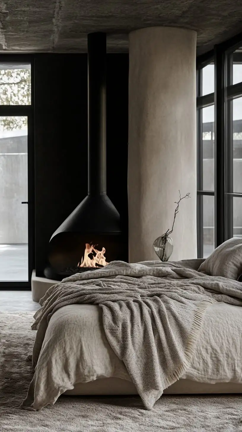 A minimalist bedroom featuring soft gray linens, a cozy fireplace, and natural light streaming through large windows, creating a warm and inviting atmosphere.