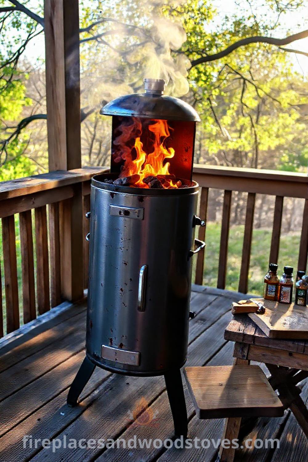 Vertical smoker barbecue on a wooden deck with barbecue sauce and ash, surrounded by spices and an old cutting board, showcasing a cozy outdoor grilling space that inspires incredible ideas for transforming your backyard. Visit patioandhomefurniture.com for dream outdoor design ideas.
