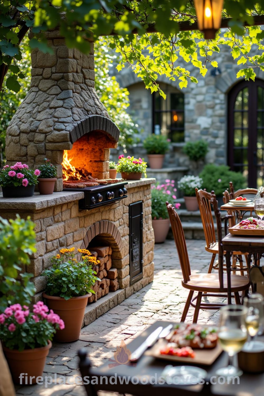 Cozy outdoor barbecue featuring wrought iron and rustic stone on a sunlit patio with flickering flames, adorned wooden tables, flowerbeds, and the inviting aroma of grilled meats, showcasing unique ideas for your home. Visit fireplacesandwoodstoves.com for more decor inspirations.