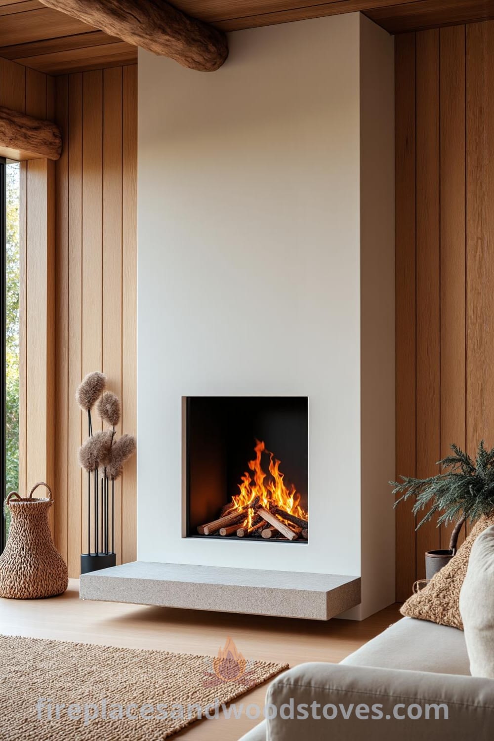 Scandinavian whitewashed fireplace in a cozy living room with flickering flames, surrounded by wooden paneling, rustic ceiling beams, and a woven rug, showcasing cozy ideas for home decor inspirations on fireplacesandwoodstoves.com.