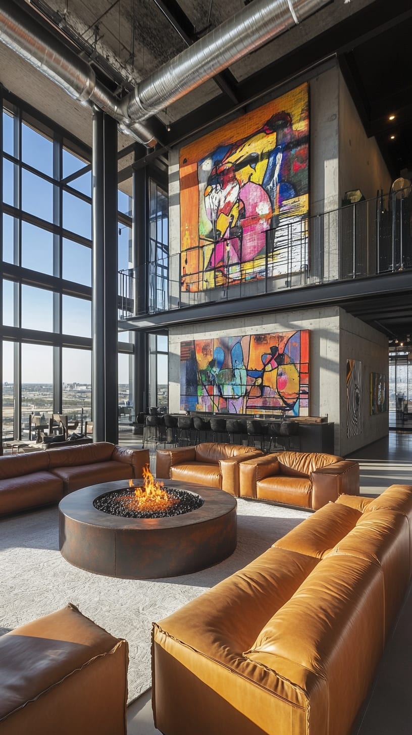 An industrial lounge featuring leather sofas around a fire pit, colorful murals on the walls, and floor-to-ceiling windows showcasing a city view.