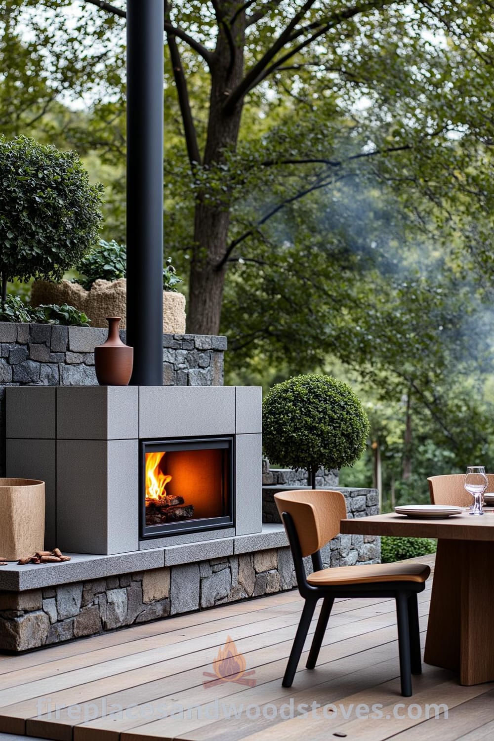 Scandinavian minimalist outdoor barbecue on a wooden deck, surrounded by greenery, featuring a warm wood-burning grill and a rustic dining table set for casual meals. Perfect for cozy outdoor gatherings and design inspirations for your home at fireplacesandwoodstoves.com.