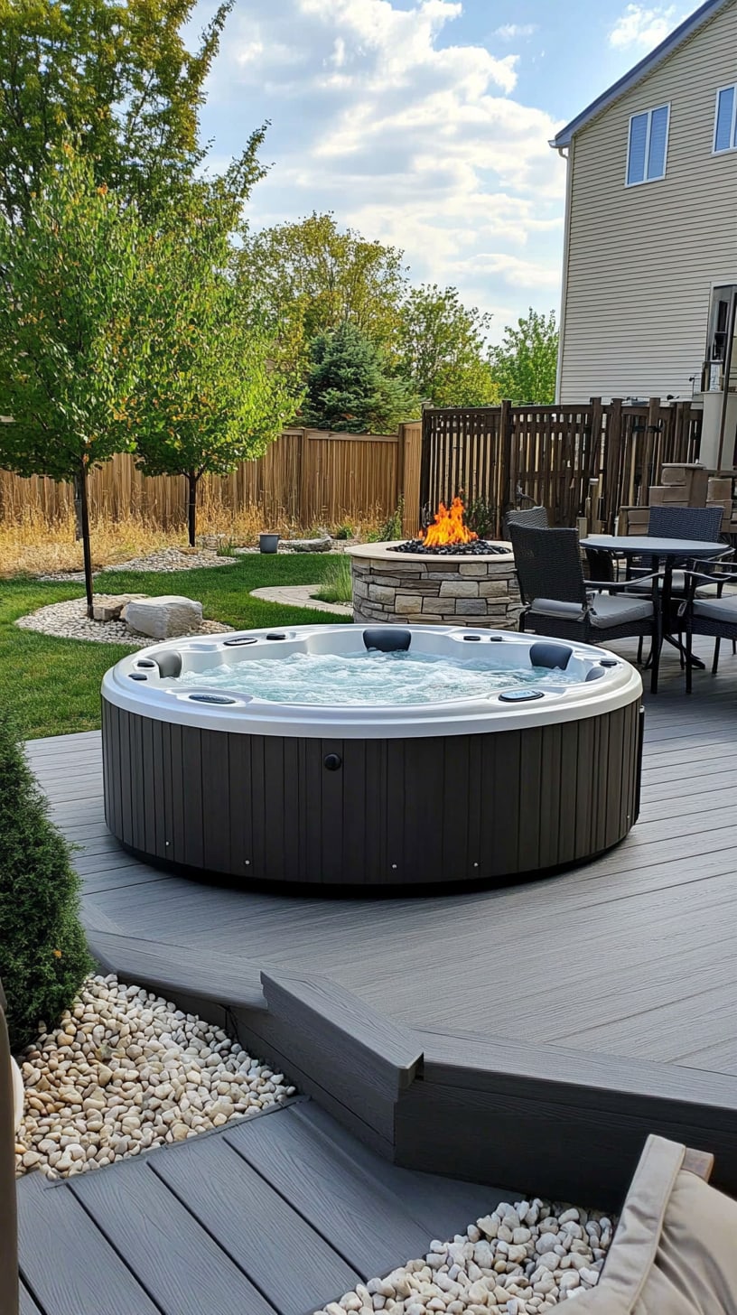 A beautiful outdoor hot tub with a grey wooden deck, surrounded by greenery, a fire pit, and seating in a suburban backyard on a summer day.