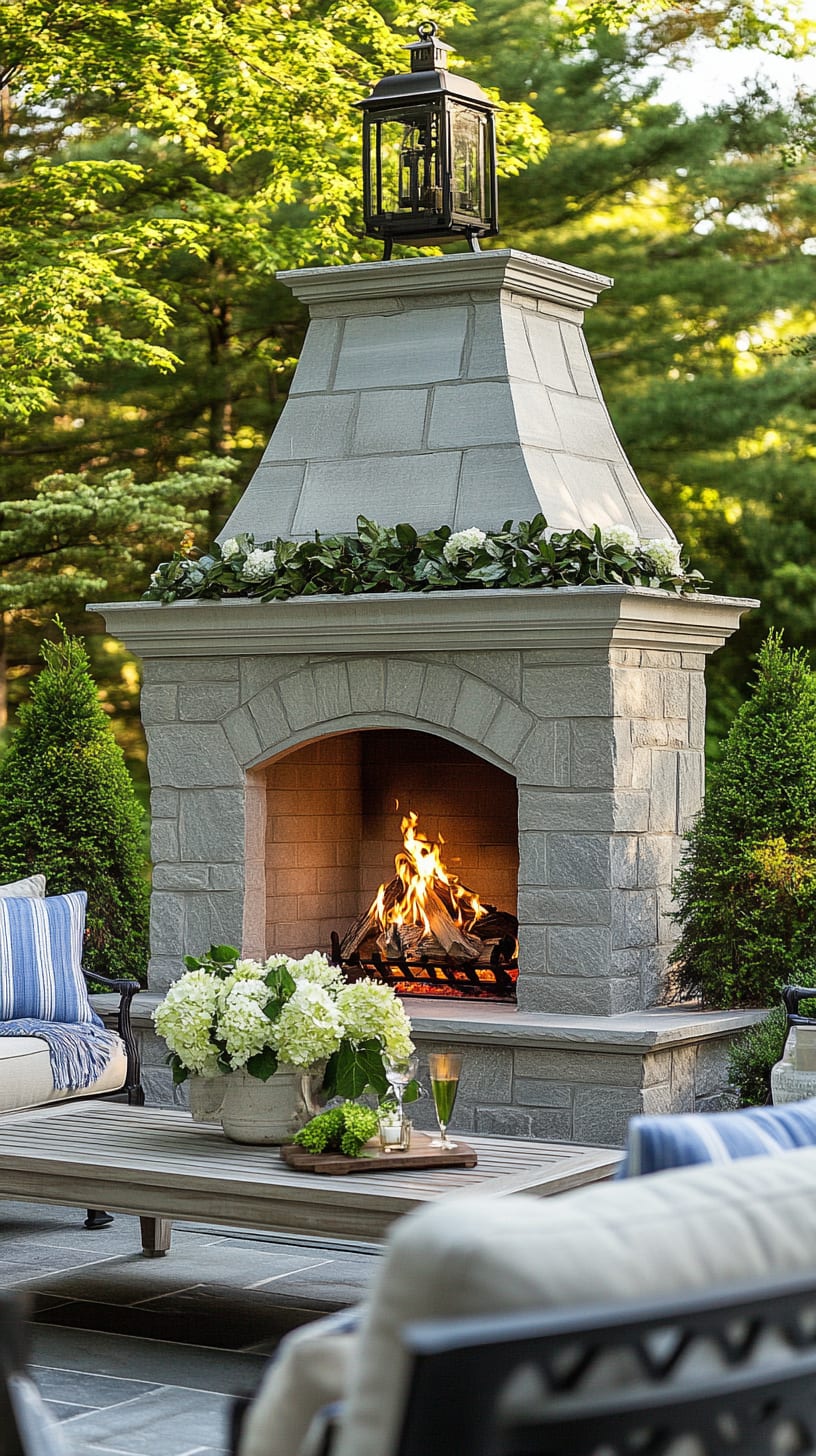 A large outdoor fireplace made of gray stone, surrounded by greenery, elegant seating, and floral arrangements in a beautiful backyard setting.
