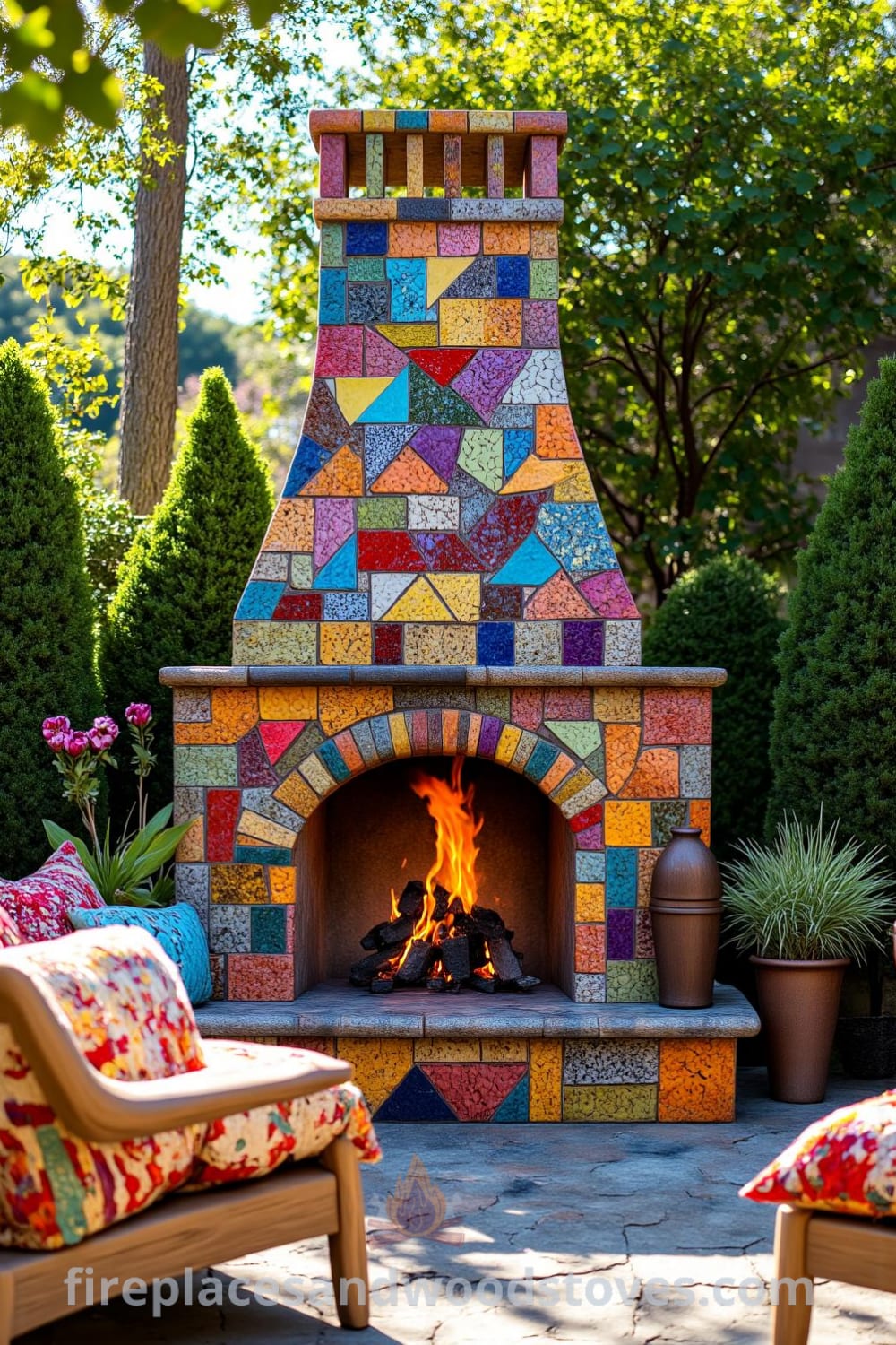 A vibrant bohemian mosaic fireplace in a sunlit garden surrounded by greenery, with flickering flames illuminating eclectic tiles, and mismatched cushions inviting guests to gather, creating a cozy and inviting atmosphere. For more cozy ideas, visit fireplacesandwoodstoves.com.