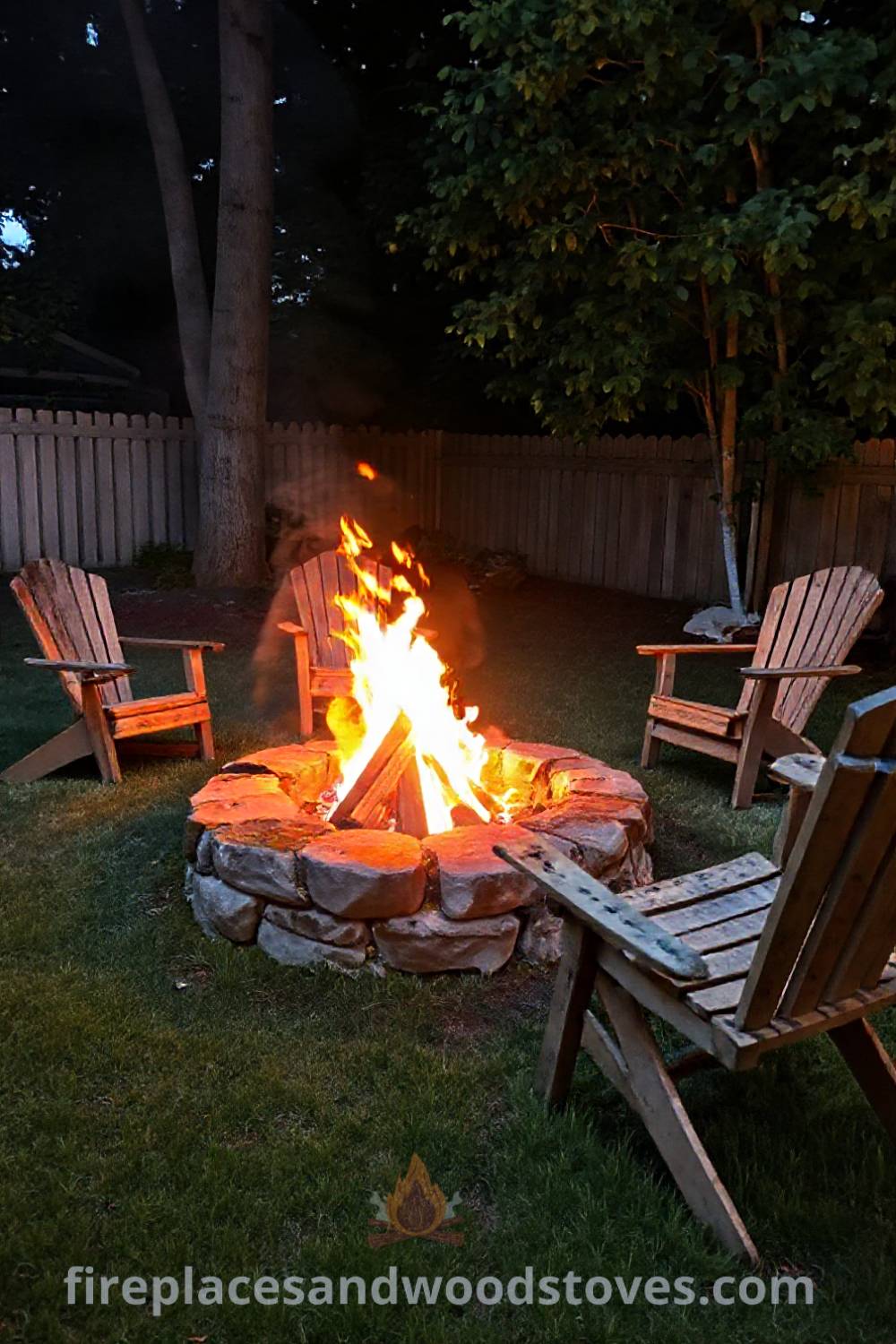 Stone fire pit nestled in a grassy backyard, surrounded by mismatched wooden chairs and illuminated by flickering flames, creating a cozy atmosphere for gatherings. Visit patioandhomefurniture.com for incredible ideas that will wow your guests.