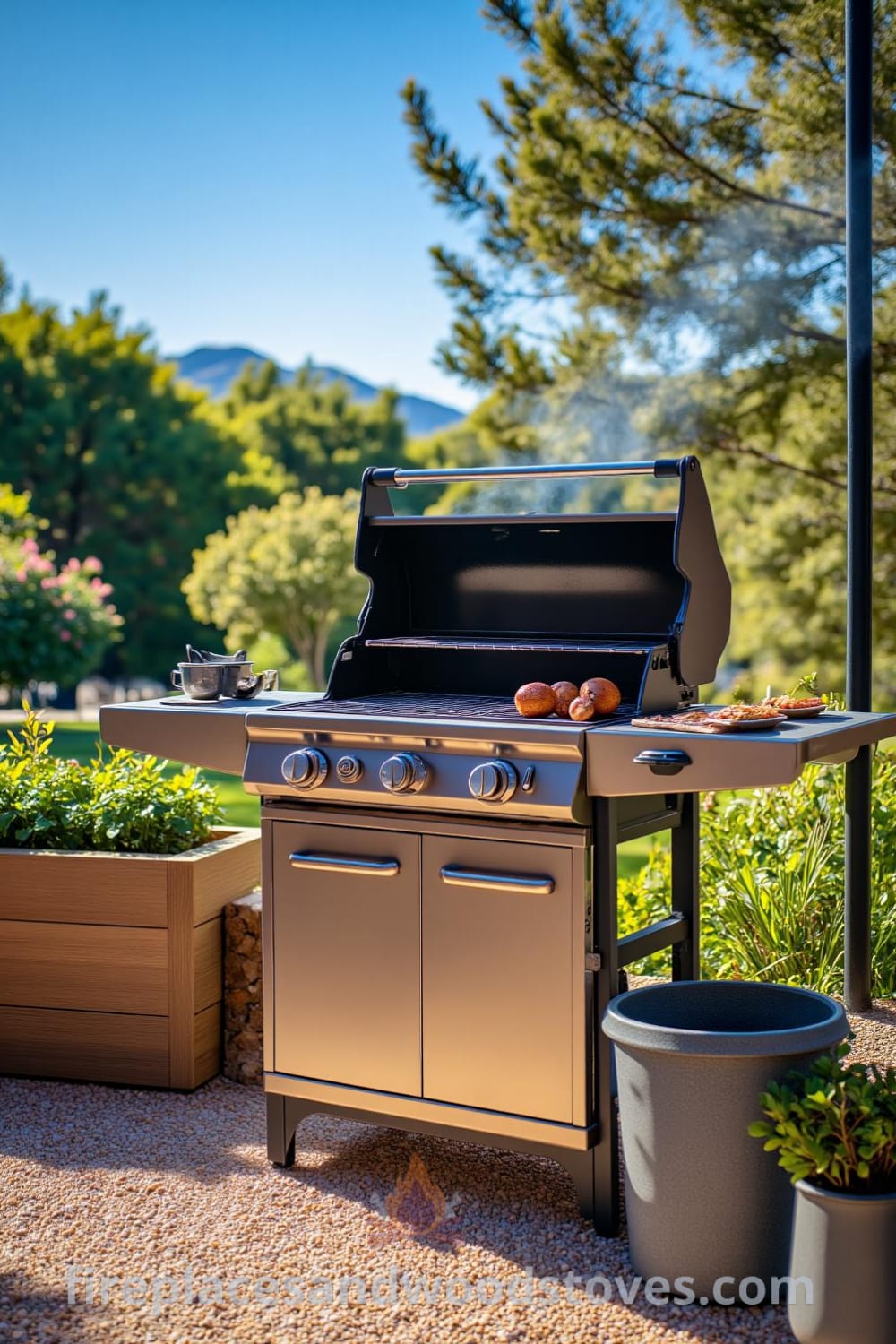 Sturdy barbecue on a sun-drenched patio with a gleaming stainless steel surface, charred grill grates, and potted herbs nearby, reflecting ideas for cozy outdoor gatherings at fireplacesandwoodstoves.com.