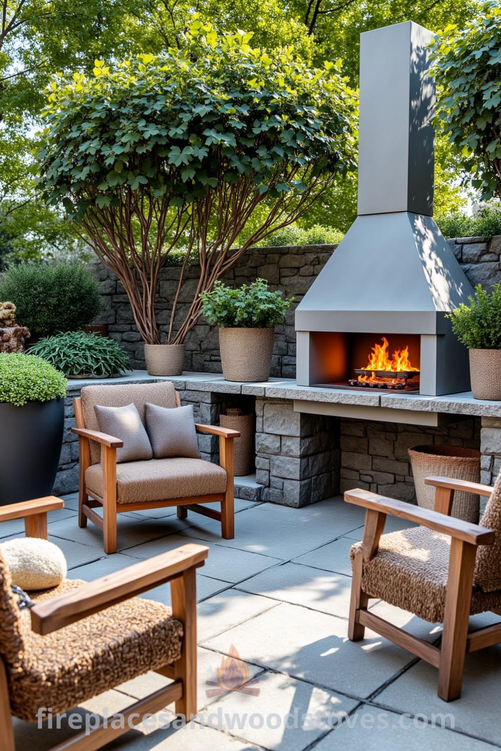 Sleek modern outdoor barbecue surrounded by earthy planters on a sunlit patio with warm flickering flames, inviting mismatched chairs and fresh garden herbs, showcasing unique design ideas for a cozy home, inspiring decor inspirations, and ideas for your outdoor space on fireplacesandwoodstoves.com.