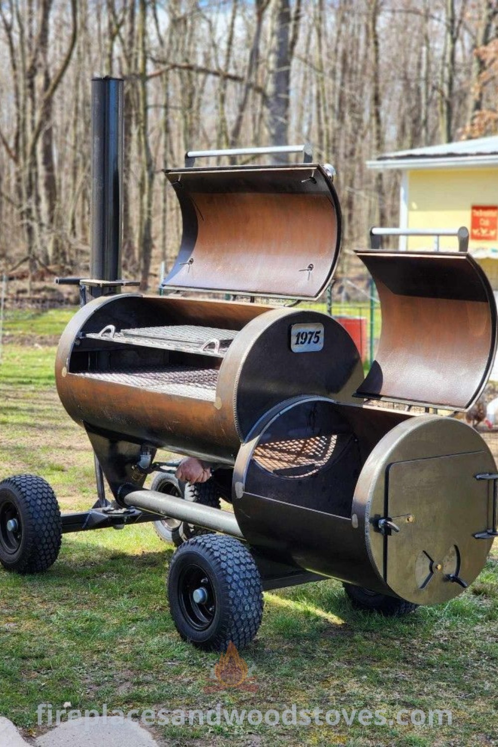 An outdoor BBQ grill on wheels situated in the grass, showcasing a stylish design that enhances any backyard. This custom BBQ grill is perfect for outdoor cooking and entertaining, providing incredible ideas to transform your space. Discover more backyard inspiration at patioandhomefurniture.com.