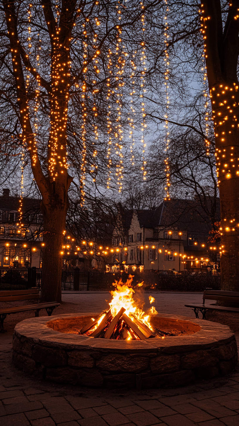 A cozy fire pit in an old European town square, surrounded by trees and hanging lights, creating a warm winter evening atmosphere.