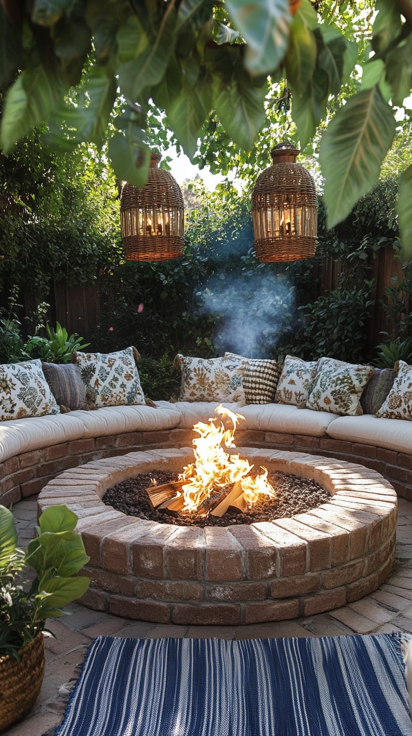 A cozy outdoor scene featuring a circular fire pit surrounded by comfortable seating, lanterns hanging above, and lush greenery in a garden setting.