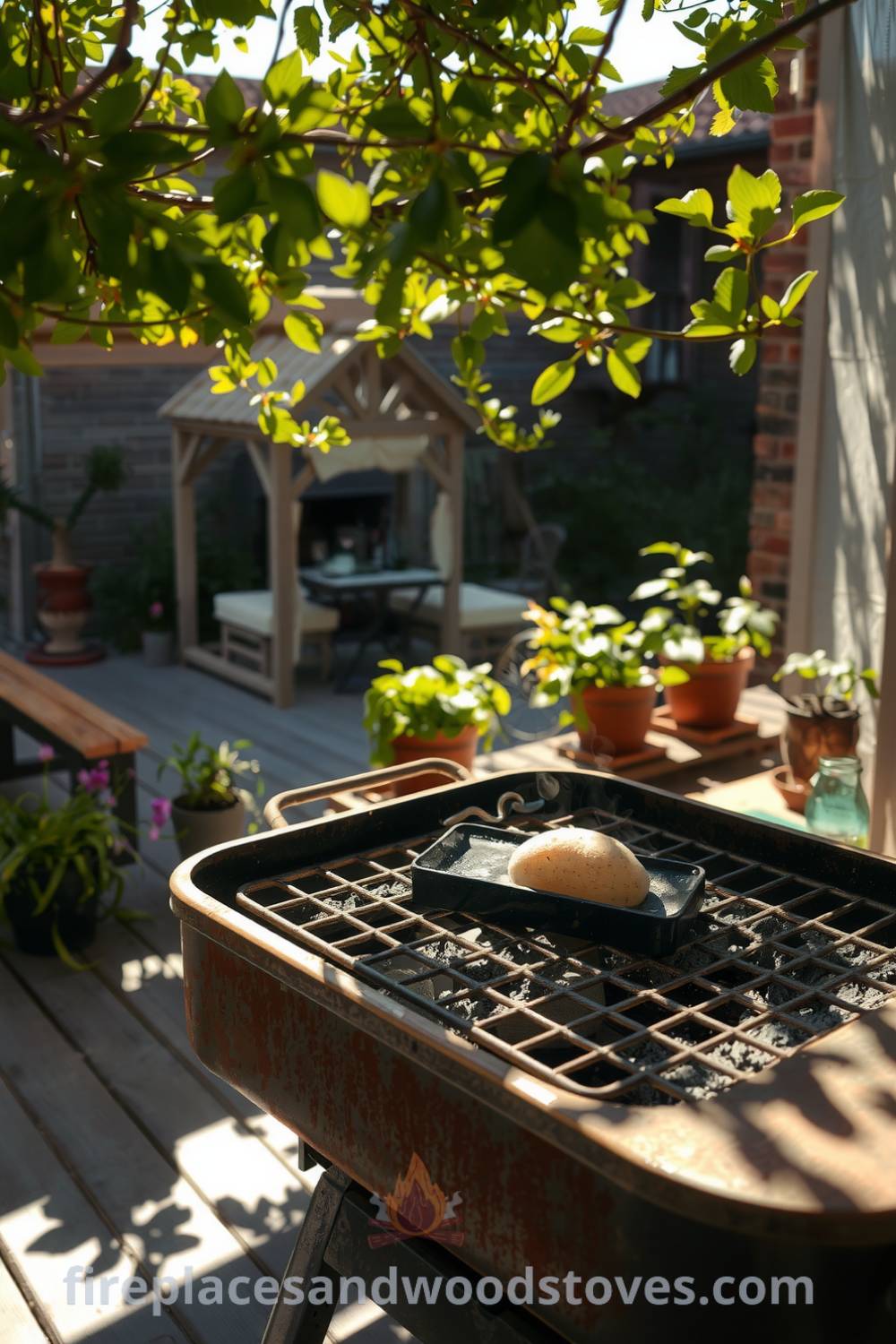 Rustic barbecue grill in a sunny backyard surrounded by wooden decking and potted herbs, with wisps of smoke rising and playful shadows from an overhanging tree, creating cozy decor ideas for unique outdoor gatherings. Visit fireplacesandwoodstoves.com for inspiring home design ideas.