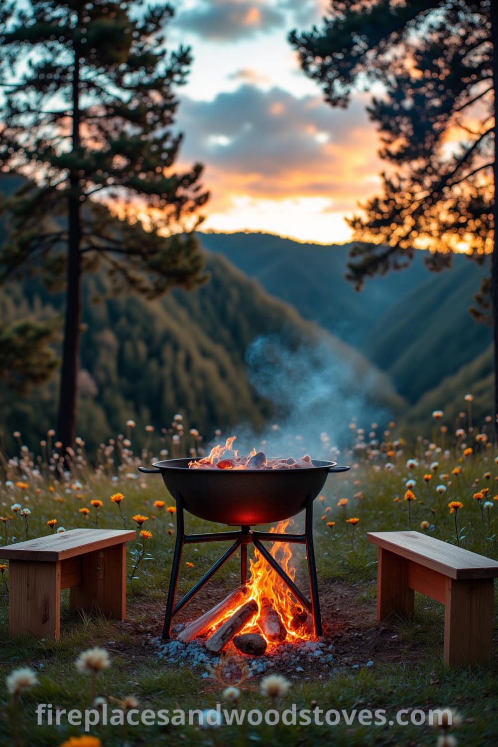 Nomadic firepit barbecue in a grassy clearing surrounded by wildflowers and tall trees, with wooden stools arranged nearby and warm embers glowing, creating a cozy atmosphere perfect for gatherings and storytelling, as seen on fireplacesandwoodstoves.com.