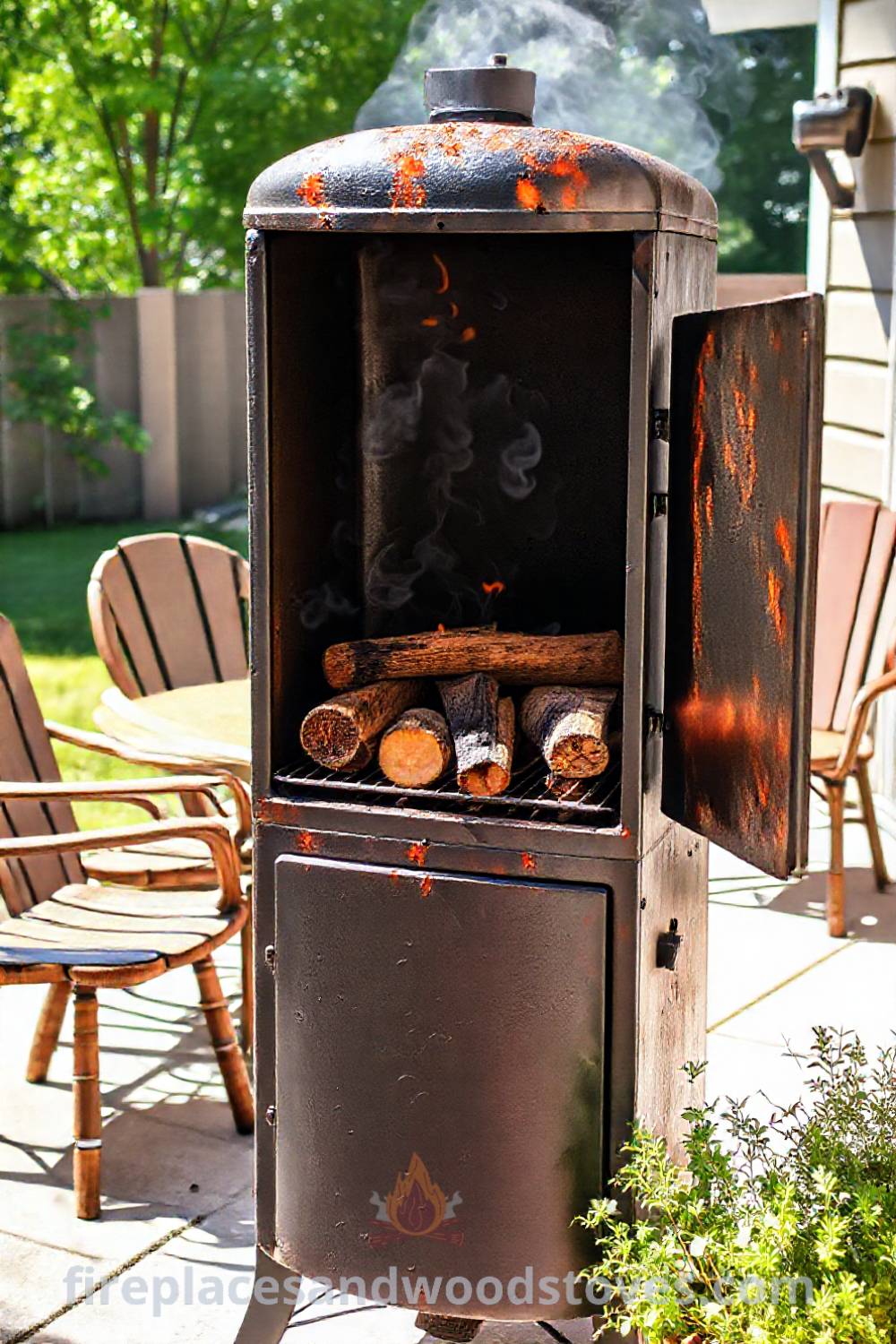 Vertical smoker barbecue on a sunlit patio surrounded by mismatched chairs and potted herbs, creating a cozy outdoor gathering space filled with the aroma of smoke and laughter. Visit patioandhomefurniture.com for stylish ideas transforming your backyard.