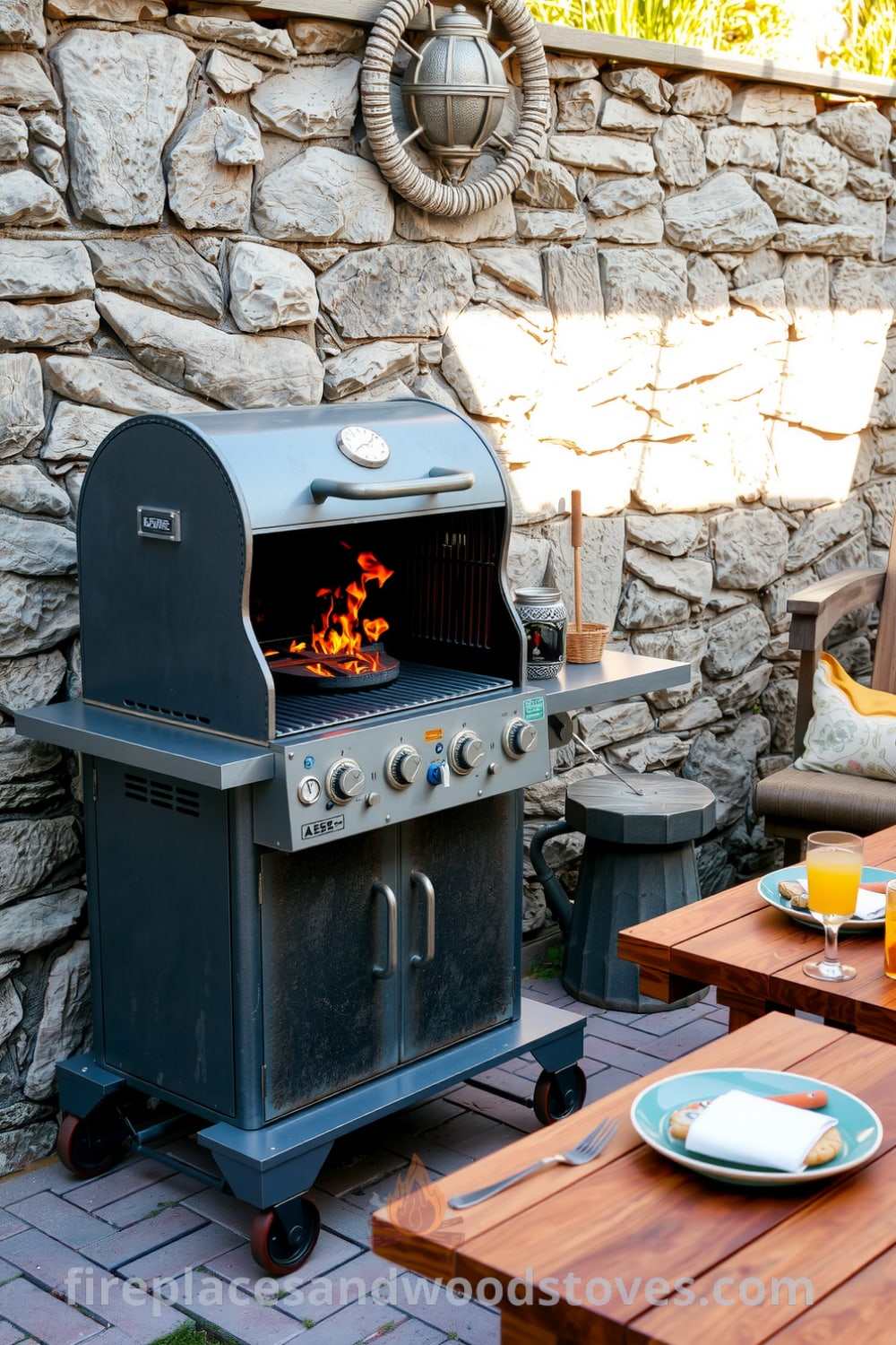 Industrial steel outdoor barbecue on a brick patio with flames flickering inside, accompanied by a wooden table with colorful plates and drinks, set against stone walls, creating a cozy and inviting atmosphere perfect for outdoor gatherings. Visit fireplacesandwoodstoves.com for unique cozy ideas and design inspirations.
