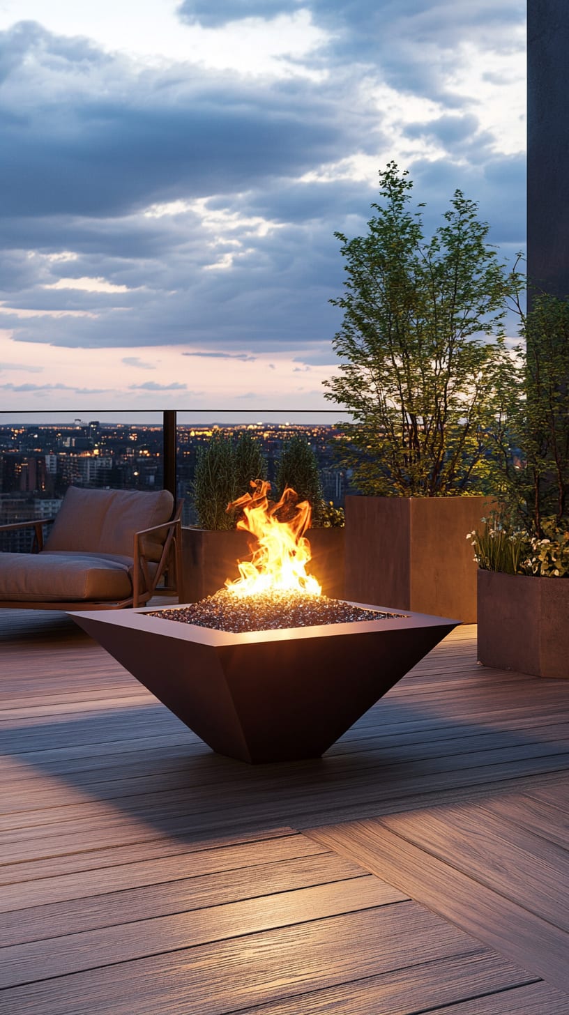 A modern fire pit with sharp edges on a rooftop terrace, surrounded by contemporary planters and a city skyline at dusk.