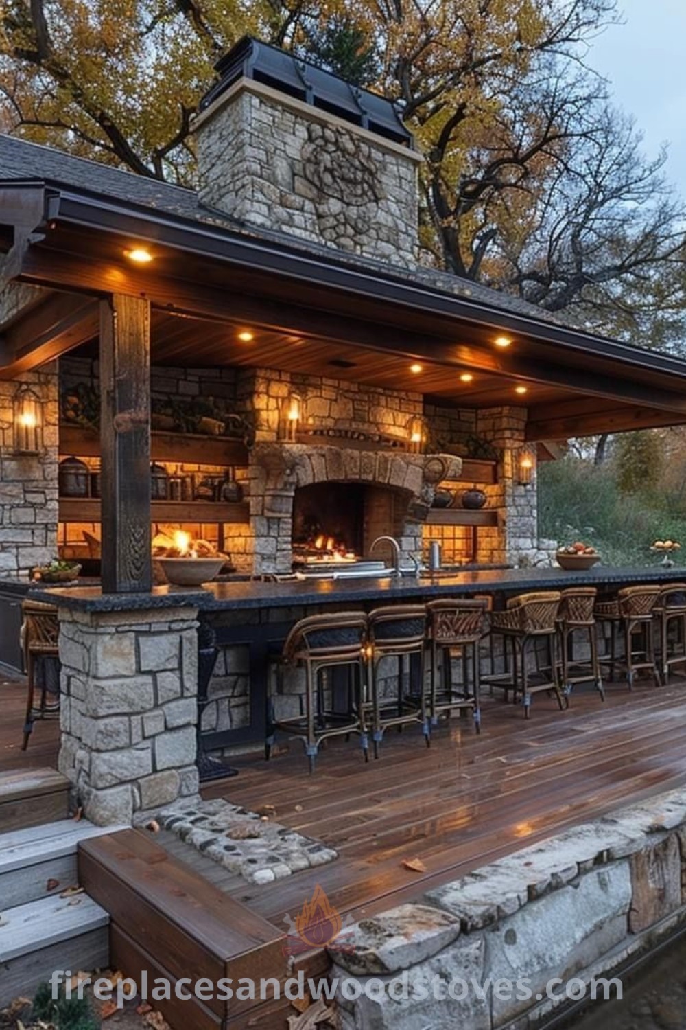An outdoor bar with stools and lights, complementing an elegant deck, perfect for your outdoor kitchen. Discover stylish designs and incredible ideas for transforming your backyard at patioandhomefurniture.com.