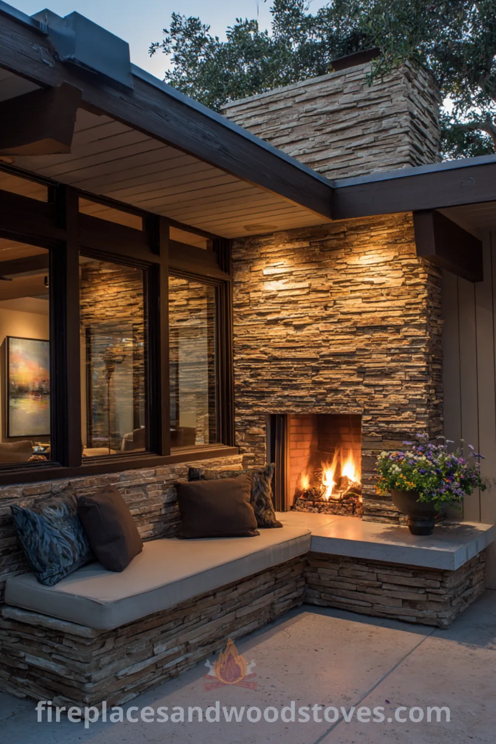 Cozy outdoor mid-century modern corner fireplace with stacked stone design, built-in bench, and inviting lounge area.