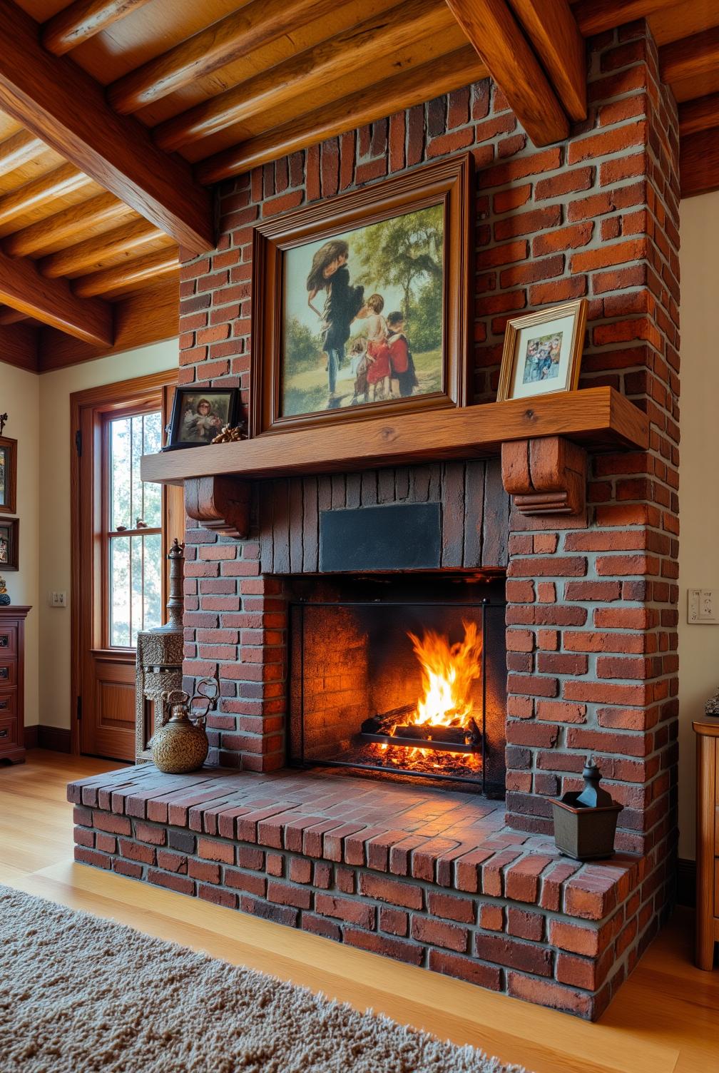 Sturdy brick fireplace in a cozy living room with flickering flames, warm golden glow on wooden floors, plush faded rug, framed family photos on the mantle, and surrounding cedar beams, showcasing inspiring decor ideas for your home at fireplacesandwoodstoves.com.