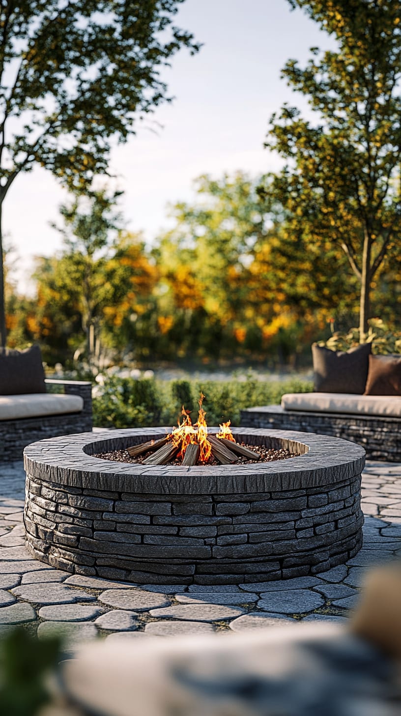 A serene outdoor patio featuring a stone fire pit at the center, surrounded by comfortable seating and vibrant autumn trees, creating a cozy atmosphere ideal for gatherings or relaxation.