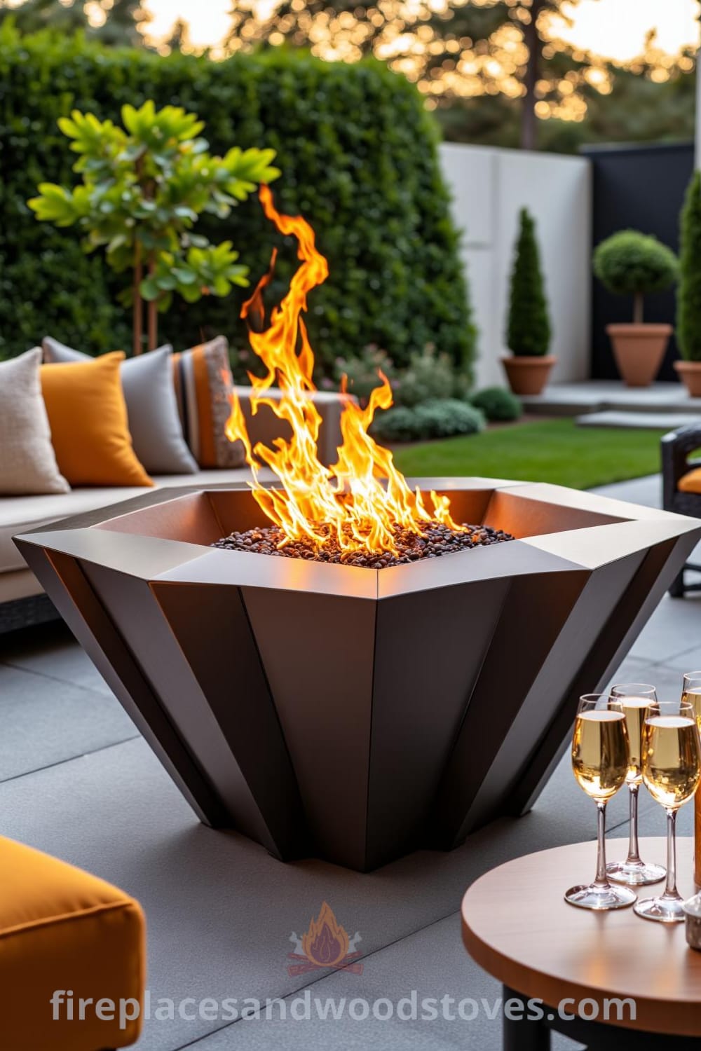 Art Deco fire pit in a stylish outdoor lounge with bold geometric lines, warm flames dancing above a sleek metal surface, surrounded by cushioned chairs and a low wooden table with drinks, showcasing unique ideas for cozy home decor inspirations at fireplacesandwoodstoves.com.
