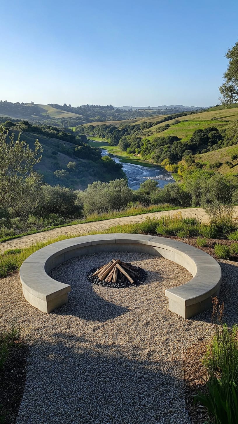 An outdoor fire pit surrounded by concrete seating, overlooking rolling hills and a river, creating a serene and inviting atmosphere.