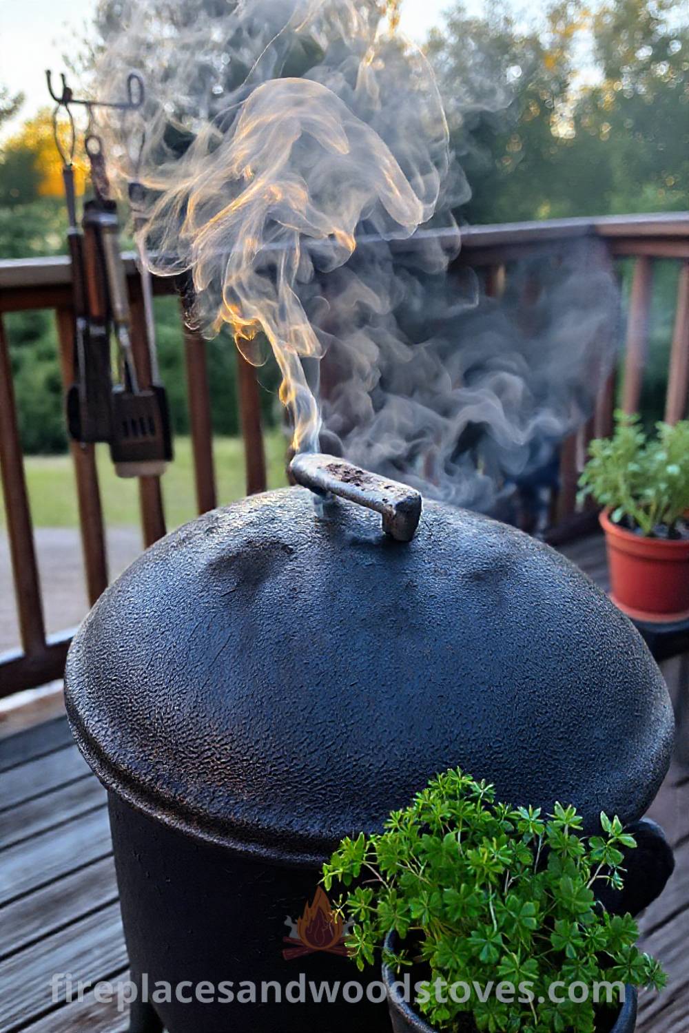 Charcoal barbecue smoker on a wooden deck with smoke rising, surrounded by grilling tools and pots of herbs, creating a cozy and inviting outdoor atmosphere perfect for entertaining. Visit patioandhomefurniture.com for ideas you’ll love.
