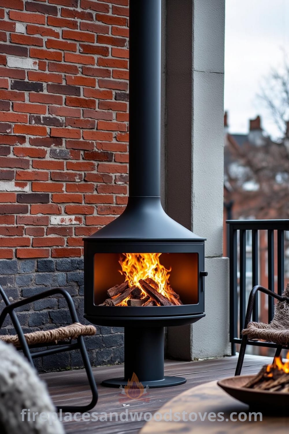 Industrial steel outdoor fireplace against weathered brick and concrete, with flickering flames casting shadows on a wooden deck, surrounded by slightly rusted metal chairs, creating a cozy gathering spot. Find more cozy ideas at fireplacesandwoodstoves.com.