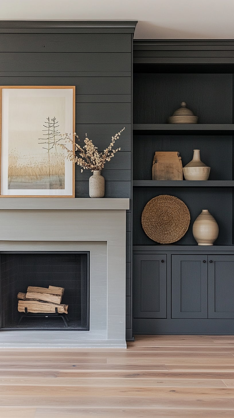 A cozy modern farmhouse living room with dark gray shiplap walls, built-in shelves, light wood floors, and decorative items on display.