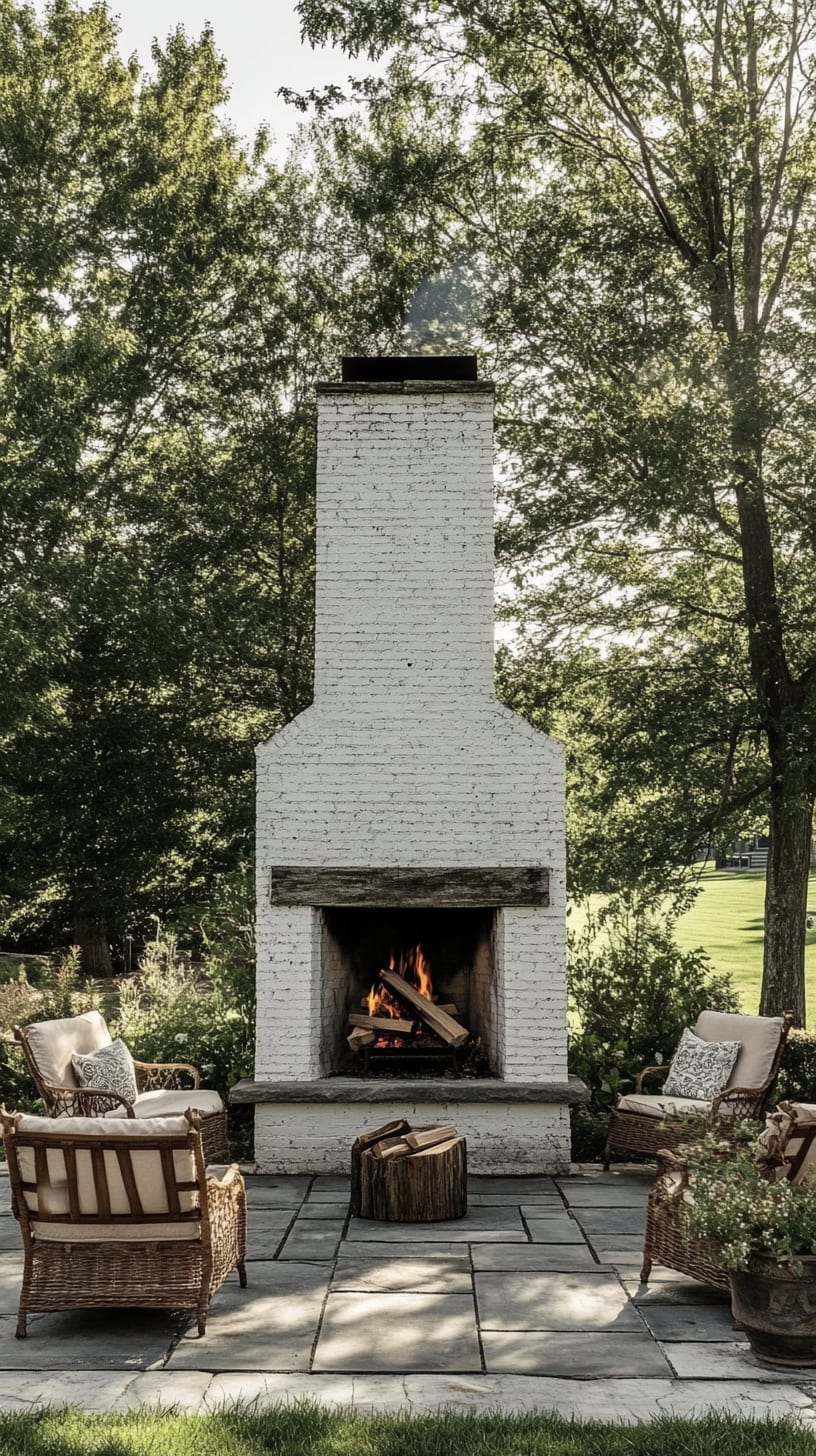 A beautiful outdoor fireplace made of white brick, surrounded by seating and trees, with green grass and a stone patio creating an inviting outdoor space.