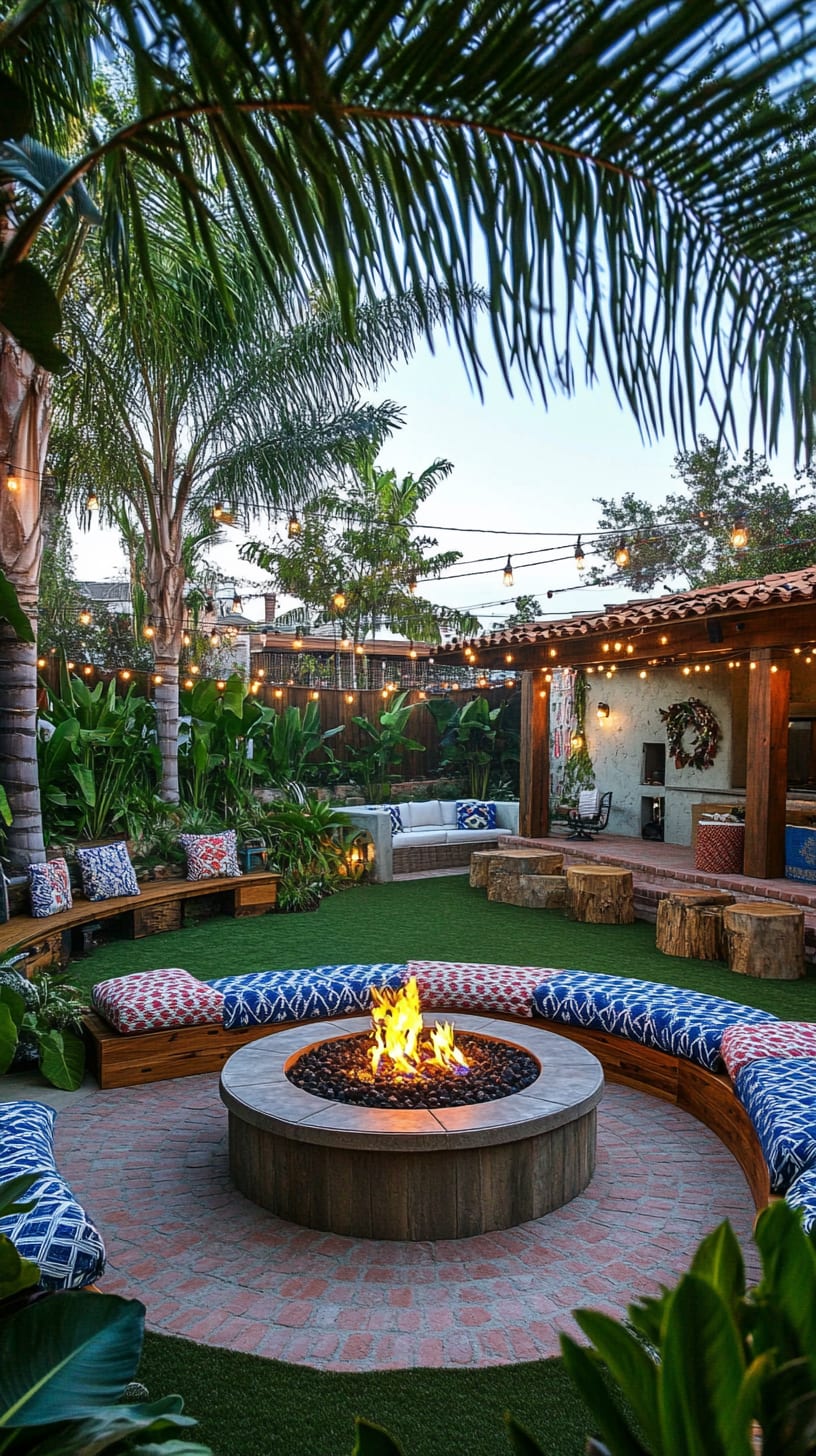 A tropical backyard with a circular fire pit surrounded by seating, colorful cushions, lush grass, and palm trees, enhanced by string lights creating a cozy social atmosphere.