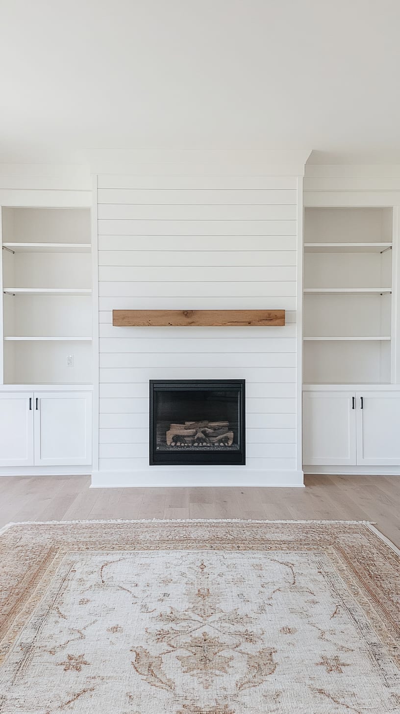 A warm and inviting farmhouse-style living room featuring a white shiplap fireplace with built-in shelves and a rustic rug, bathed in natural light.