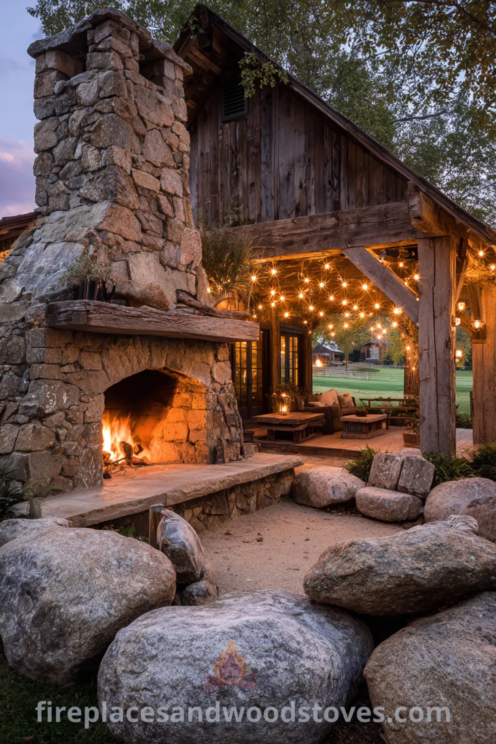 Rustic outdoor fireplace surrounded by cozy seating, string lights, and reclaimed wood accents in a charming farmhouse setting.
