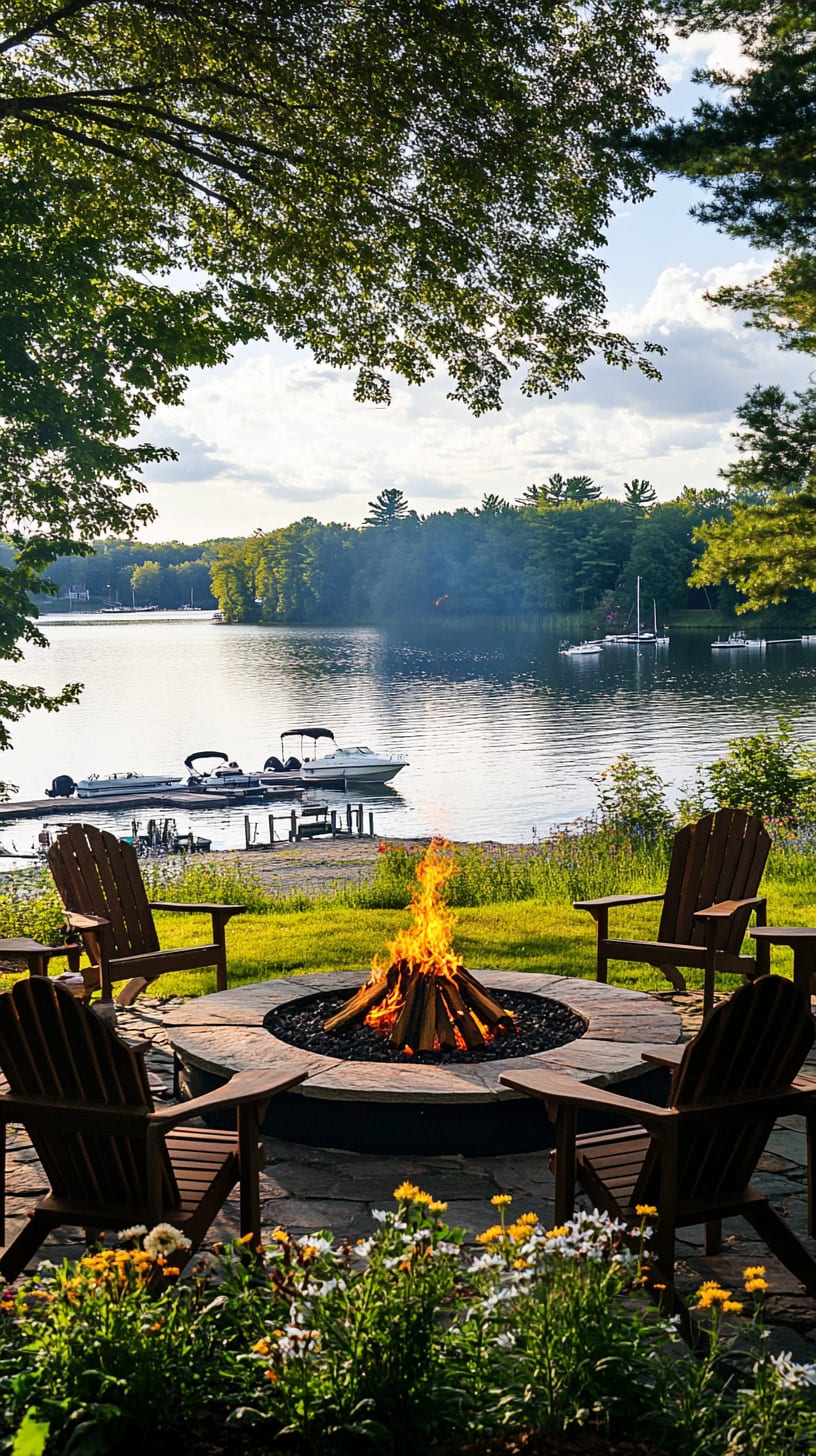 A cozy outdoor fire pit surrounded by wooden chairs, with a scenic lake and wildflowers in the background, evoking a warm summer evening atmosphere.