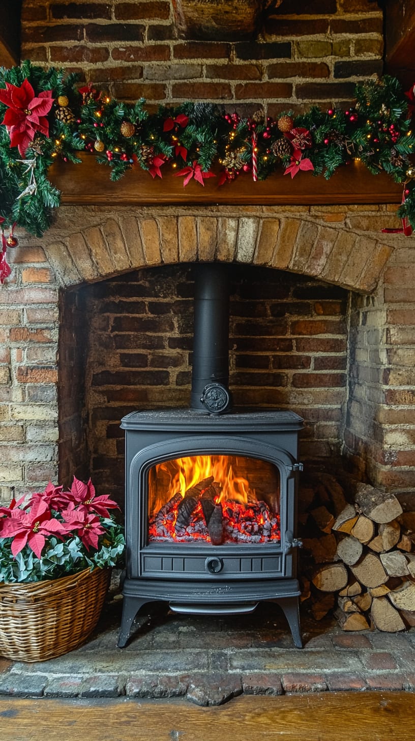 A beautiful wood-burning stove in an old English cottage, surrounded by Christmas decorations and poinsettias, creating a warm and inviting atmosphere.