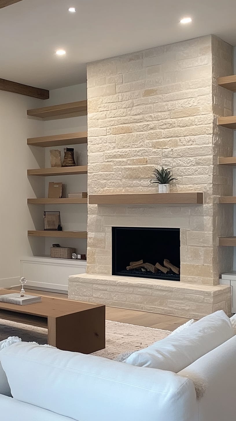 A modern farmhouse living room featuring a white stone fireplace, light oak floating shelves, and a dark wooden coffee table, creating a cozy and inviting atmosphere.