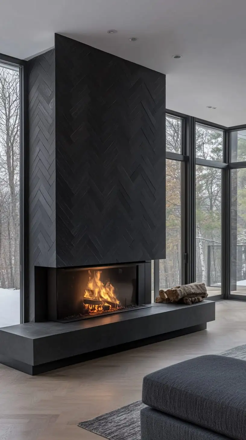 A modern fireplace with a black herringbone pattern in a living room surrounded by large windows, offering a view of the forest outside.