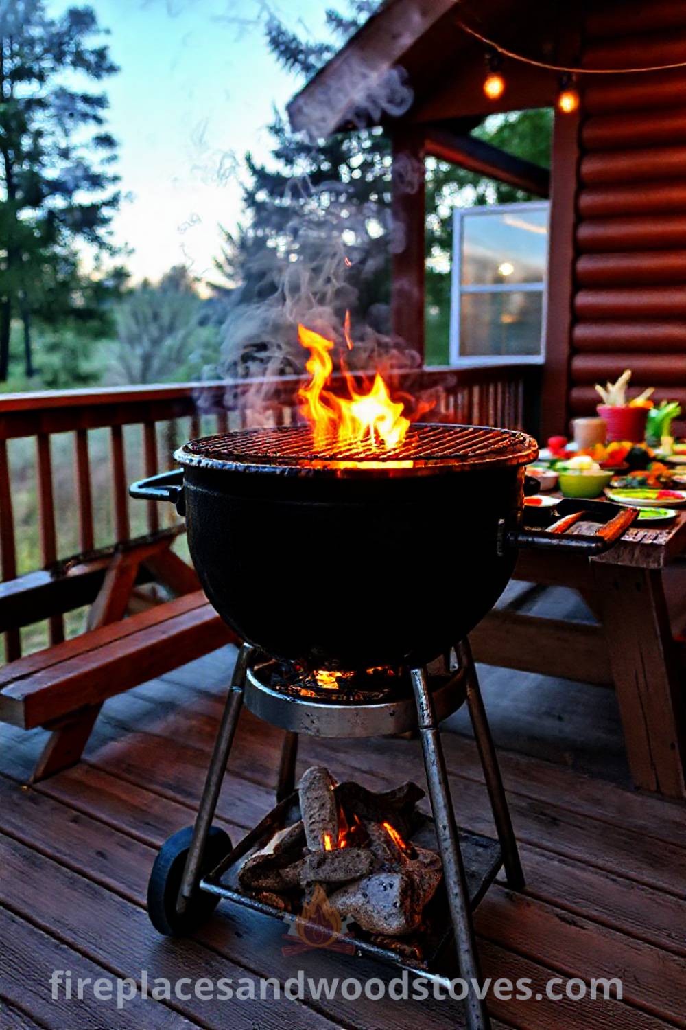 Outdoor barbecue scene featuring a well-used grill with flames, a rustic picnic table with colorful plates, and a cozy atmosphere filled with laughter, creating an inviting gathering spot for friends and family. Visit patioandhomefurniture.com for stylish design ideas that will wow your guests.