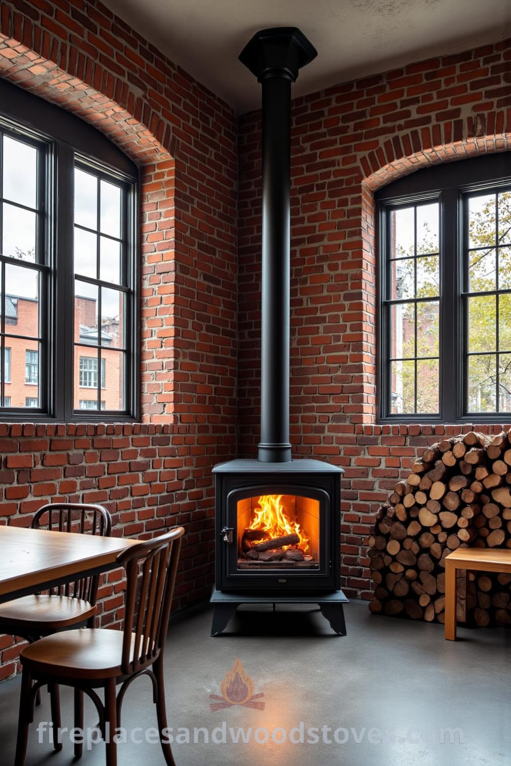 Industrial metal pipe woodstove fireplace in an open-concept loft, surrounded by exposed brick walls, raw concrete floors, and rustic reclaimed wooden chairs, enhancing cozy home decor ideas for urban living, showcasing unique design inspirations for your home, visit fireplacesandwoodstoves.com.
