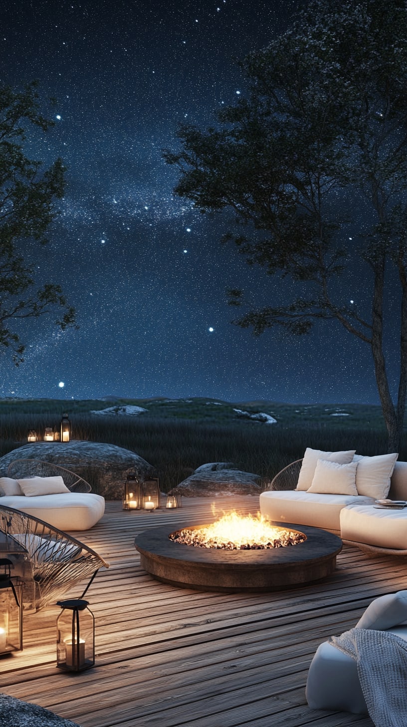 A modern outdoor terrace in the African savannah featuring cozy white sofas around a fire pit under a starry night sky, creating a tranquil and inviting atmosphere.