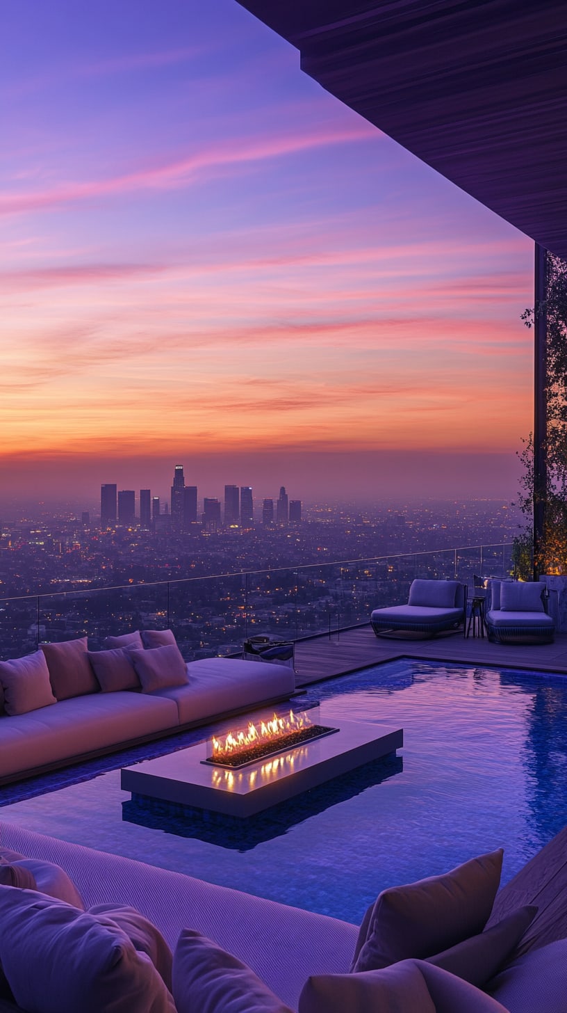 A luxurious mansion with an infinity pool and fire pit, overlooking the Los Angeles skyline at sunset, featuring vibrant purple and pink hues in the sky.