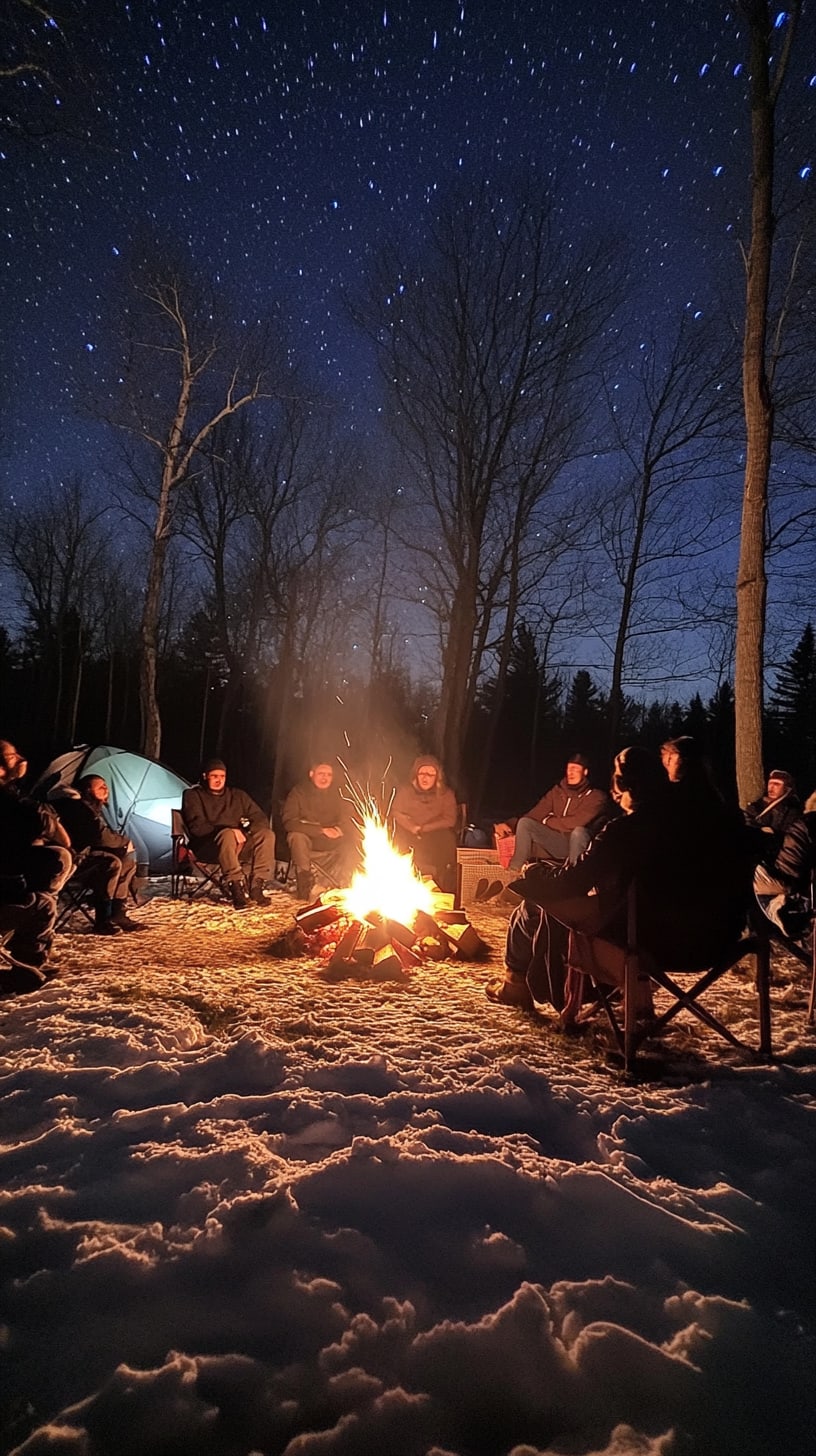 A group of friends sitting around a campfire in the snow at night, surrounded by a starry sky and a tent nearby.