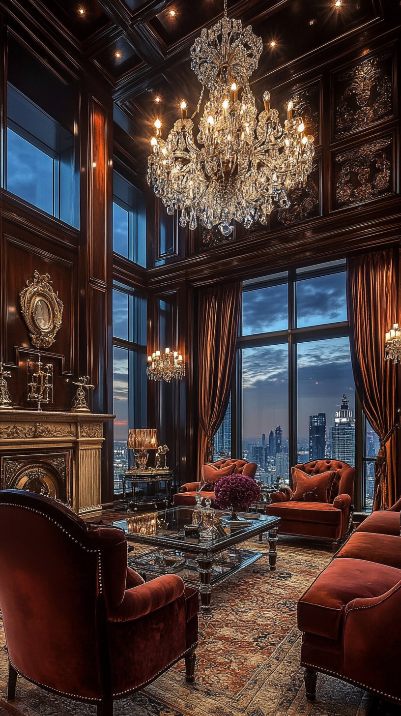 An opulent living room in a luxury penthouse featuring dark wood paneling, rich velvet furniture, and a crystal chandelier, with floor-to-ceiling windows showcasing the city skyline at night.