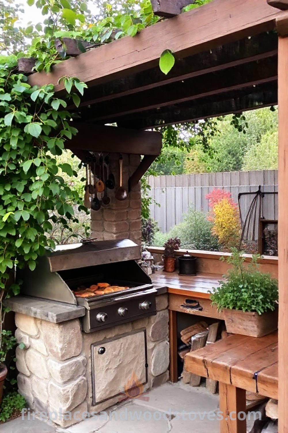 Outdoor kitchen under a pergola with a stone grill, rustic wooden countertop, and herb planters, creating a cozy atmosphere for gatherings that inspires backyard transformation ideas you’ll love. Visit patioandhomefurniture.com for incredible outdoor design inspiration.
