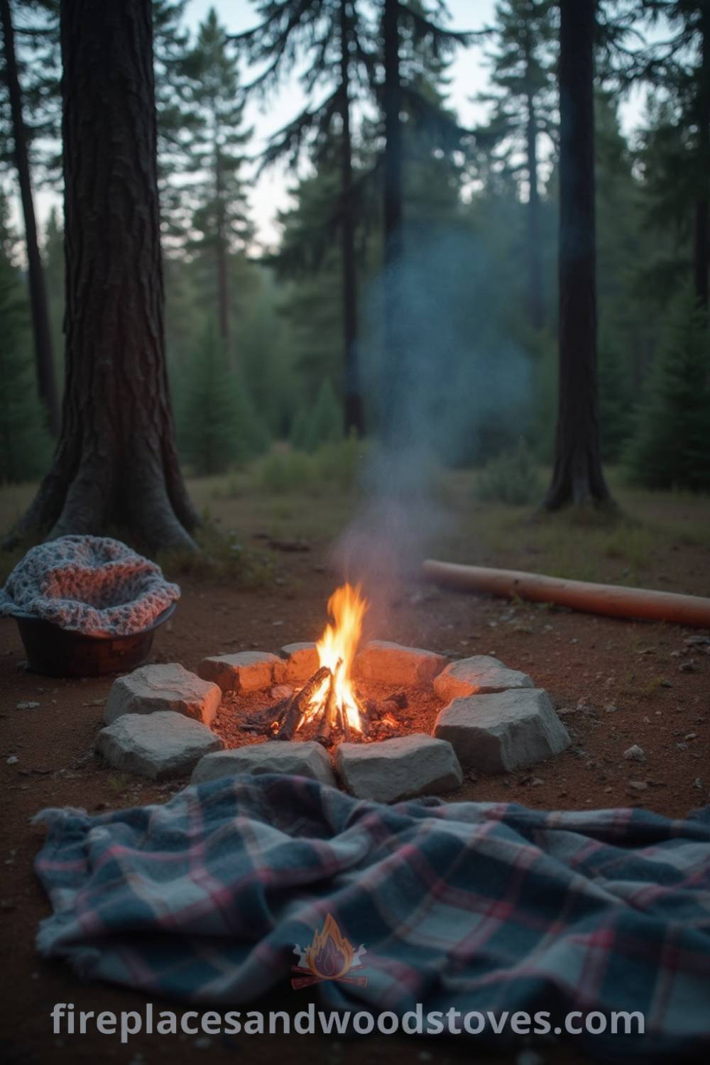 A small fire pit surrounded by large rocks, with cedar trees behind acting as a windbreak, set in a tranquil campsite with a blanket nearby.